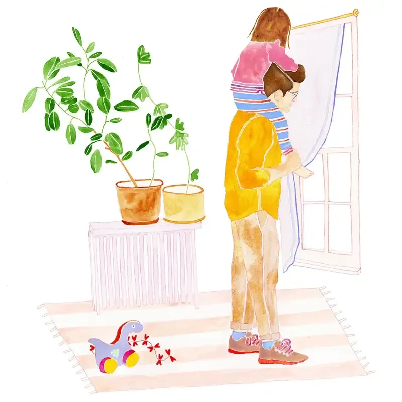 Father and child looking out window